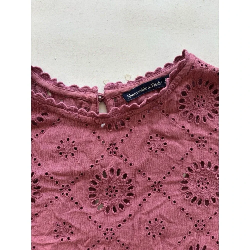 Abercrombie & Fitch Eyelet Lace Puff Sleeve Crop Top Dusty Rose Pink Boho